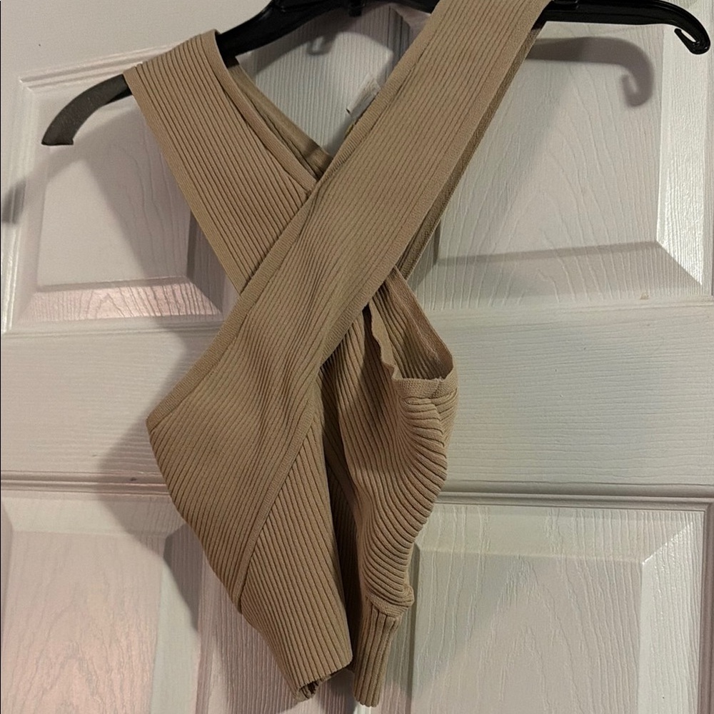 House of Harlow Ribbed Cross-Back Tank Top - Beige